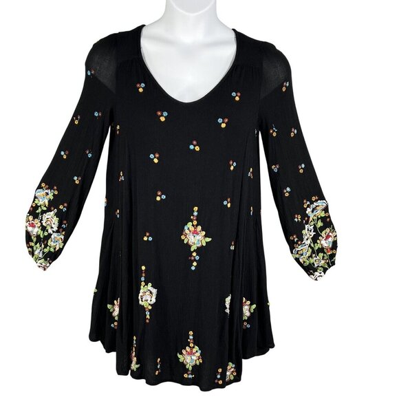 Free People Womens S Boho Floral Embroidered Oxford Black Mini Swing Dress - Picture 1 of 16